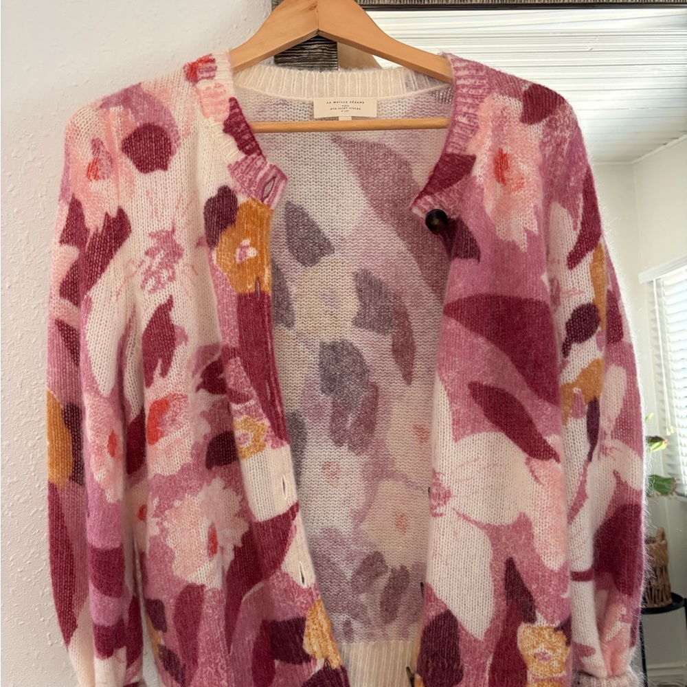 Sezane Pink and Cream Floral Cardigan
